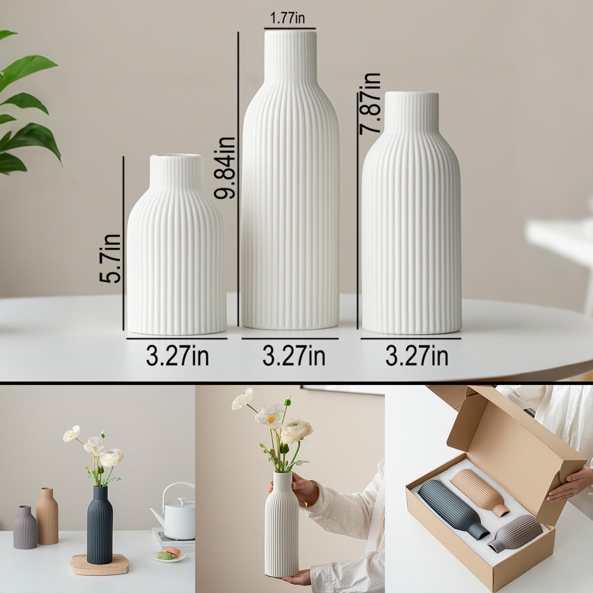 Modern Ceramic Vases Set of 3, Coffee Table Ribbed Decorative Vases, Shelf Table Centerpiece for Home Decor (Coffee Mix)