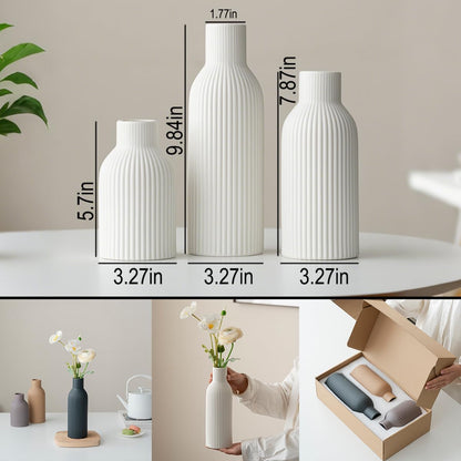 Modern Ceramic Vases Set of 3, Coffee Table Ribbed Decorative Vases, Shelf Table Centerpiece for Home Decor (Coffee Mix)