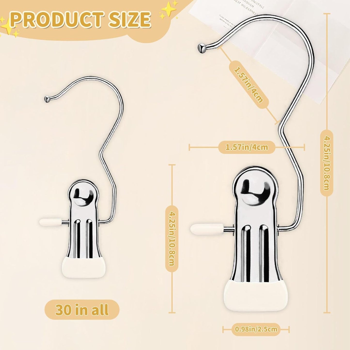 30 Pieces Boot Hanger Clips with Hook, Multifunctional Stainless Steel Clothes Pins, Space Saving Single Hanging Clips for Closet Pants Hats Socks Gloves Towels, White
