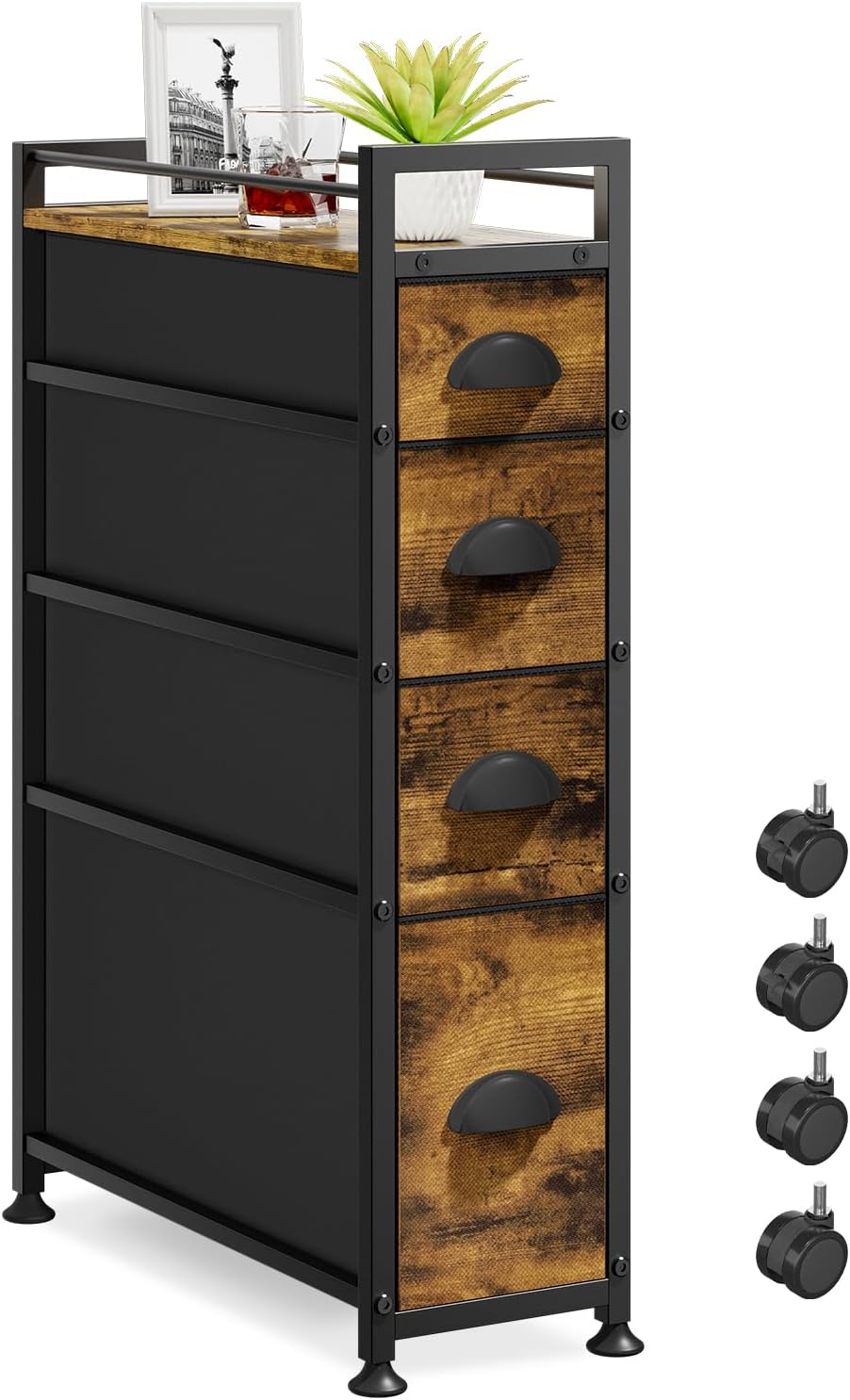 LASZOLA 5 Drawer Narrow Dresser Slim Cabinet Skinny Storage Tower Chest, Ideal for Small Spaces Bathroom, Between Washer and Dryer, Lightweight Mobile on Wheels, Sturdy Fabric Drawers, Black
