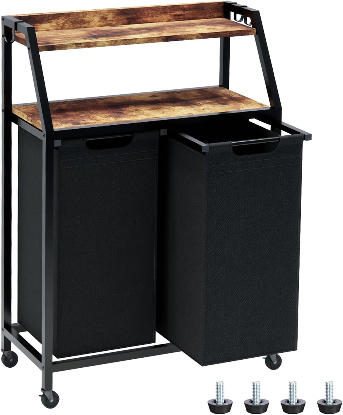 Timberer Laundry Hamper, Laundry Sorter 3 Section, Rolling Laundry Basket with Wheels, 2 Shelves, 3 × 14.5 Gal, Pull-Out and Removable Oxford Fabric Bags, for Laundry Room, Black and Rustic Brown