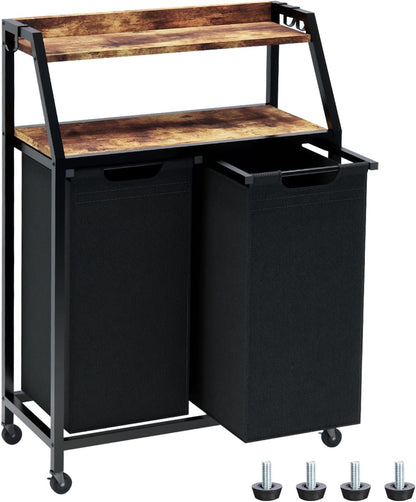 Timberer Laundry Hamper, Laundry Sorter 3 Section, Rolling Laundry Basket with Wheels, 2 Shelves, 3 × 14.5 Gal, Pull-Out and Removable Oxford Fabric Bags, for Laundry Room, Black and Rustic Brown