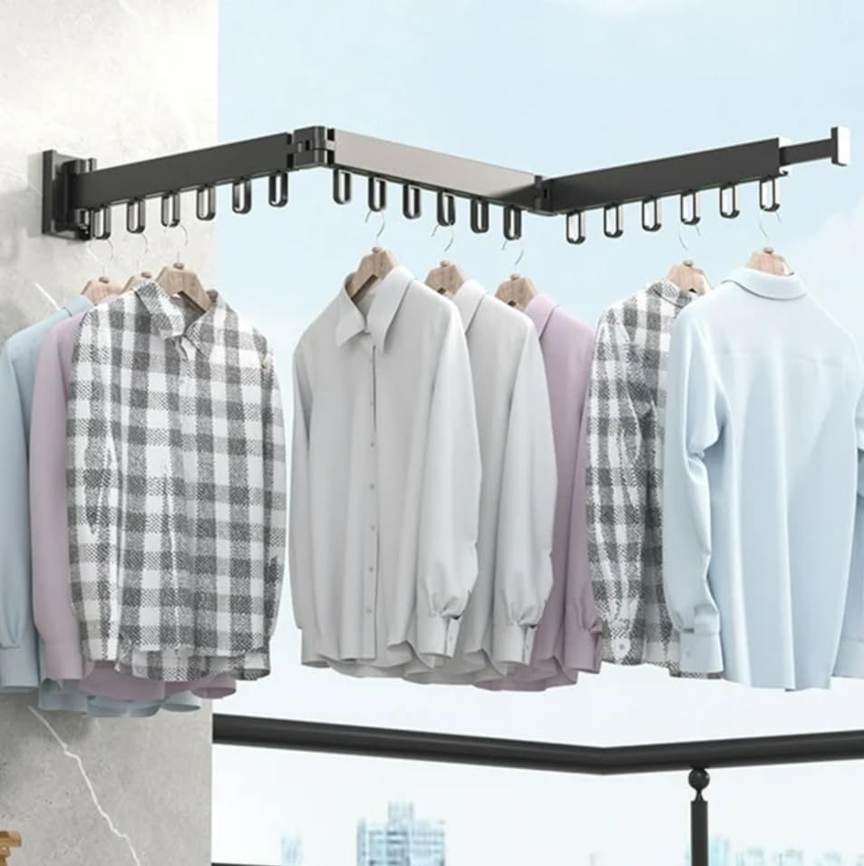 Clothes Drying Rack Wall Mounted Retractable, Aluminum Collapsible Laundry Organizer, Space-Saver Hanger Holds Quilts for Bedroom Bathroom Balcony (Grey)