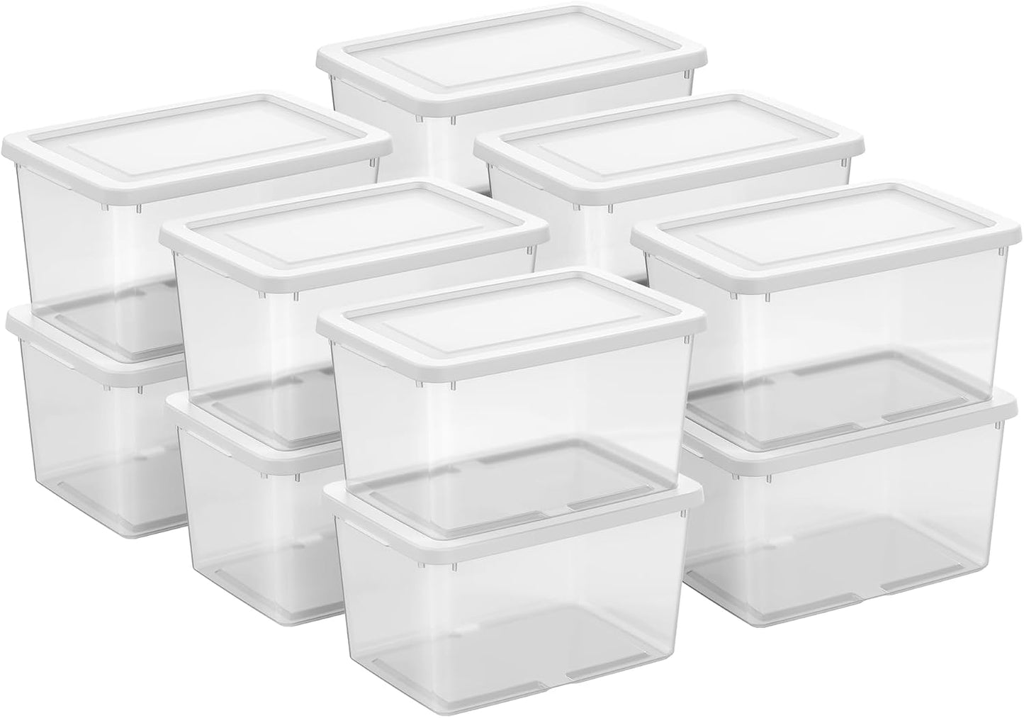 Sterilite 6 Pack Storage Box, 41 Quart Stackable Tote, Clear Plastic Container with Secure Snapping White Lids for Home and Office Organization