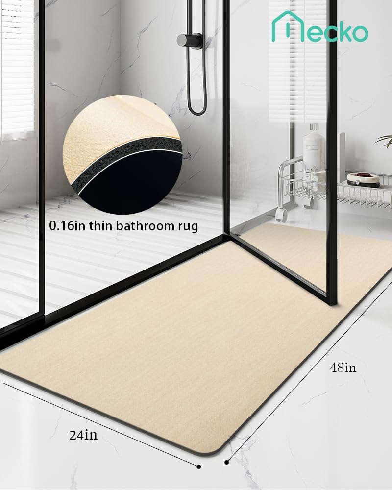 Mecko Bath Mat Rug, Rubber Non-Slip Quick Dry Absorbent Thin Bathroom Rugs Fit Under Door Bathroom Floor Mats-Shower Rug for in Front of Bathtub, Sink, Shower Room(Light Grey,16"x24")