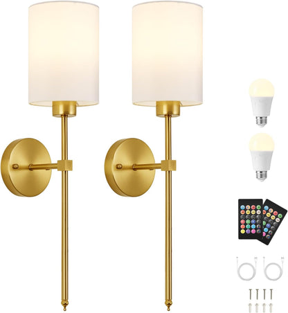 Battery Operated Wall Sconces Set of Two,Wireless Rechargeable Wall Light With Remote Control, Dimmable, Amber Light/Warm White/Natural White/Daylight/RGB, Timer,for Living Room,Bedroom,Entryway,Gold