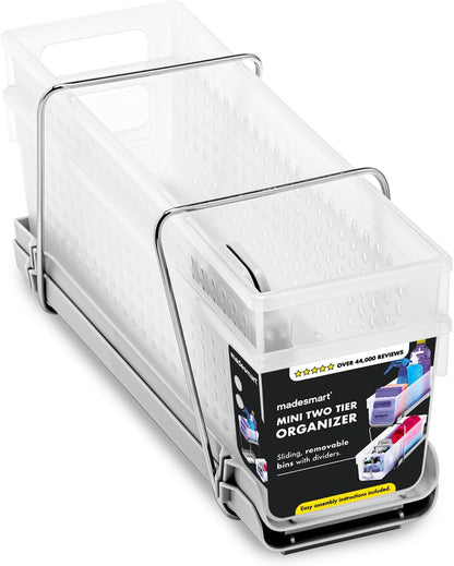 madesmart Mini 2-Tier Organizer, Multi-Purpose Slide-Out Storage with Handles and Dividers for Home and Bath, Frost