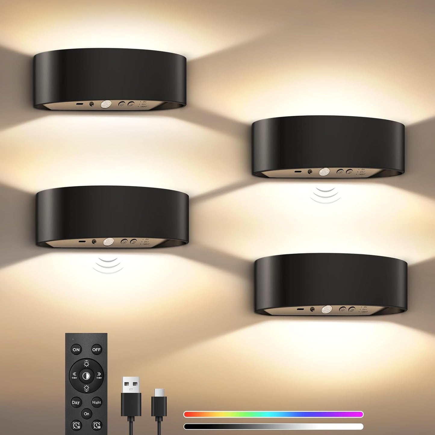 Motion Sensor Wall Sconces Set of 2, Rechargeable 5000mAh Battery Operated Wall Light with Remote Control, 15 RGB and 3 Colors Dimmable, Up and Down Wireless Wall Mount Light for Hallway Stair