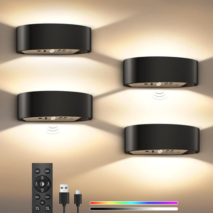 Motion Sensor Wall Sconces Set of 2, Rechargeable 5000mAh Battery Operated Wall Light with Remote Control, 15 RGB and 3 Colors Dimmable, Up and Down Wireless Wall Mount Light for Hallway Stair