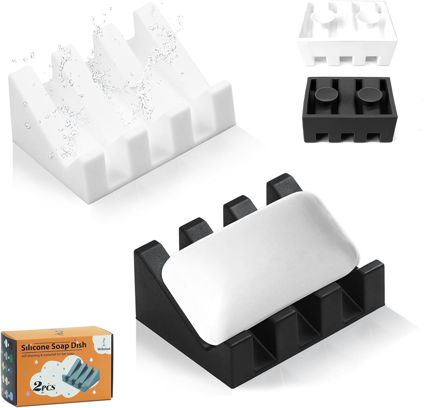 Self Draining Silicone Soap Dish with Suction Cups - Non-Slip Bar Soap Holder for Shower & Kitchen, Waterfall Tray Keeps Soap Dry, Easy Clean, Extends Soap Life (White, 1)