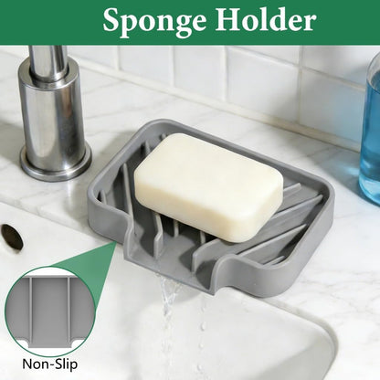 GUUKIN Sponge Holder for Kitchen Sink, Sink Caddy and Soap Tray | 10x4 inch Kitchen Sink Organizer | Compatible with Scrub Daddy, Kitchen Sink Accessories (Grey)