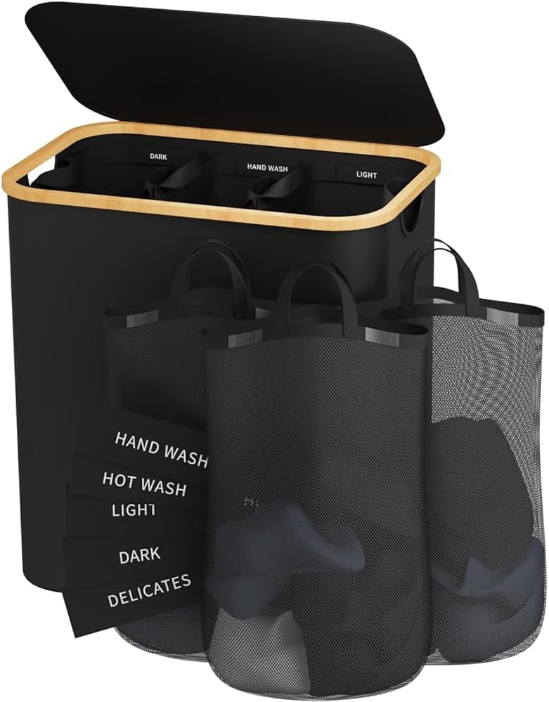 160L Laundry Hamper with Lid, 3 Section Laundry Basket with 3 Removable Bag | Clothes Hampers for Laundry with Bamboo Frame Handle, Large Dirty Clothes Hamper for Laundry Room, Bathroom, Bedroom, Black