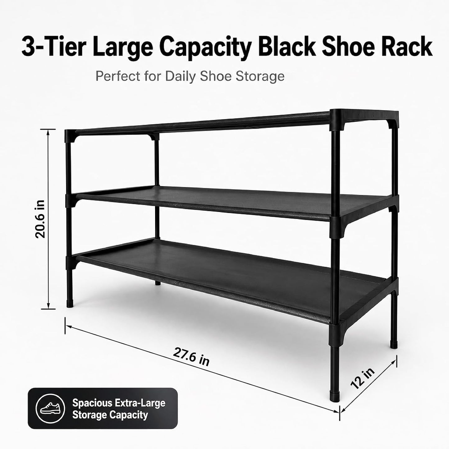 Shoe Rack - 3 Tier Non-Woven Shoe Rack Shelf, Shoe Organizer for Apartments, Dormitories, Closets, Entryways, Garages and Corridors, Stackable Shoe Shelves, Black