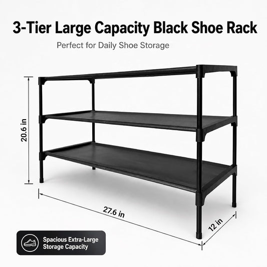 Shoe Rack - 3 Tier Non-Woven Shoe Rack Shelf, Shoe Organizer for Apartments, Dormitories, Closets, Entryways, Garages and Corridors, Stackable Shoe Shelves, Black