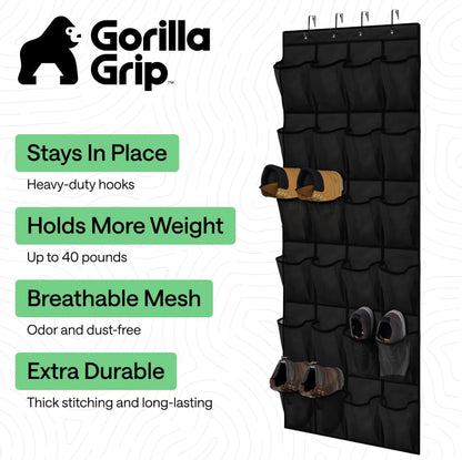 GORILLA GRIP Over the Door Shoe Organizer, 24 Large Breathable Mesh Pockets, Space Saving Hanging Storage Holder, Closet Rack Hanger Holds Up to 40 lbs, Hangs on Closets for Shoes, Accessories, Grey