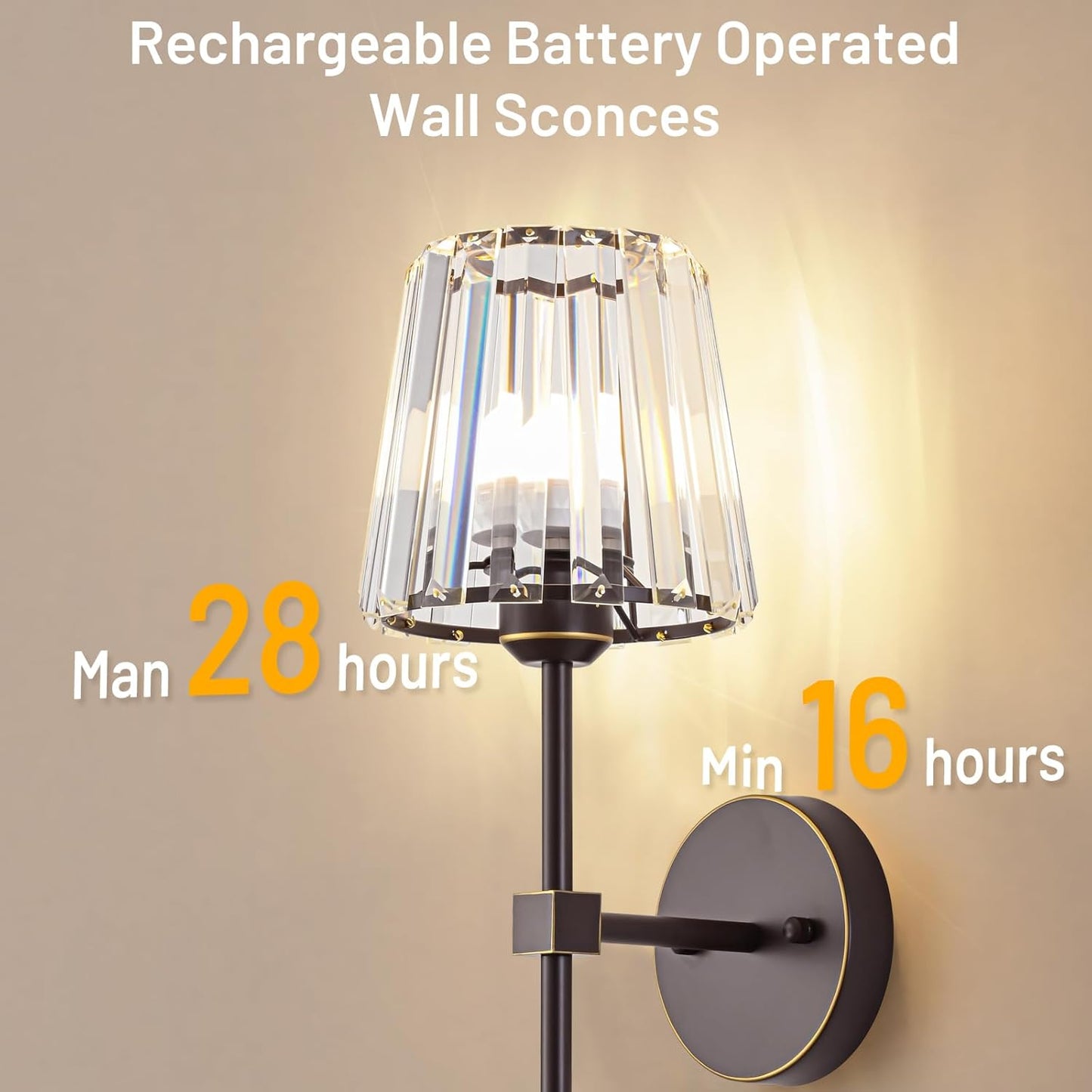 Crystal Battery Operated Wall Sconces Set of 2, Gold Rechargeable Wireless Wall Sconce Lights with Crystal Lampshade, 12 RGB and 3CCT Dimmable Wall Lamps with Remote for Bedroom Living Room Hallway