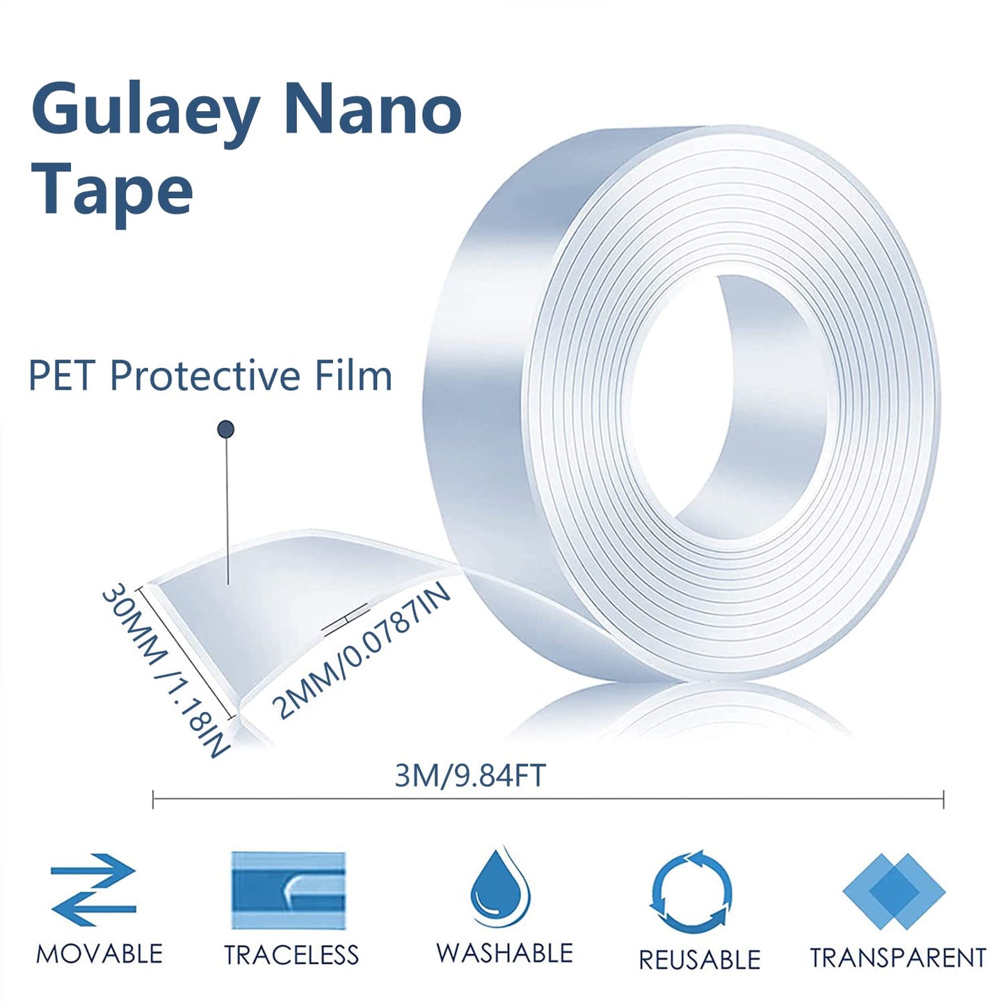 Nano Adhesive Tape, Double Sided Tape Heavy Duty, Nano Tape,Multipurpose No-Trace Removable Glue Tape,Washable Strong Sticky Wall Tape Strips for Paste Items,Household (3M/9.84FT)