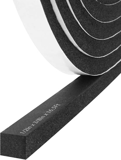 Storystore Weather Stripping Door Seal Strip, 1/2In x 1/4In x 16.5FT Self Adhesive Foam Tape for Door Window Insulation Soundproofing Weatherstrip, High Density Foam Seal for Doors Windows Furniture