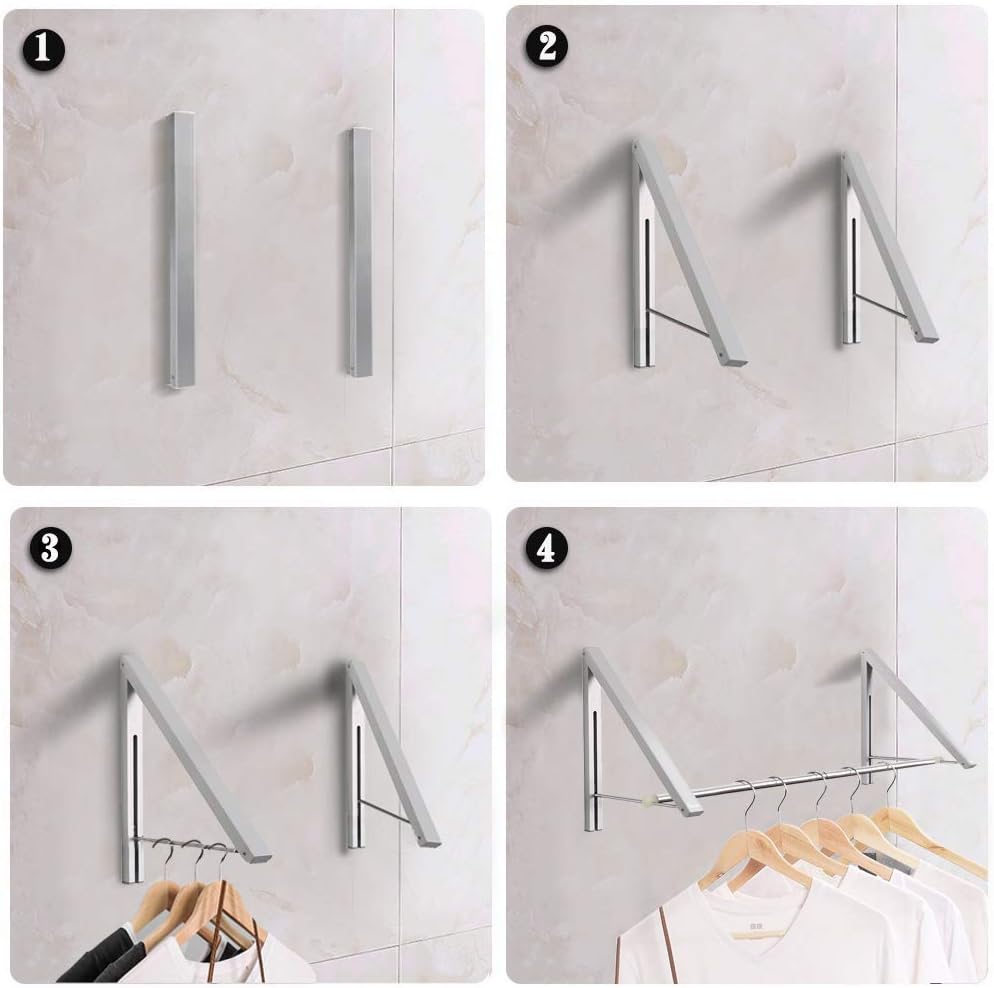 Laundry Room Drying Rack Wall Mounted Clothes Hanger Folding Wall Coat Racks Aluminum Home Storage Organiser Space Savers White 2 Rakcs with Rod