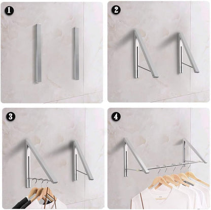 Laundry Room Drying Rack Wall Mounted Clothes Hanger Folding Wall Coat Racks Aluminum Home Storage Organiser Space Savers White 2 Rakcs with Rod