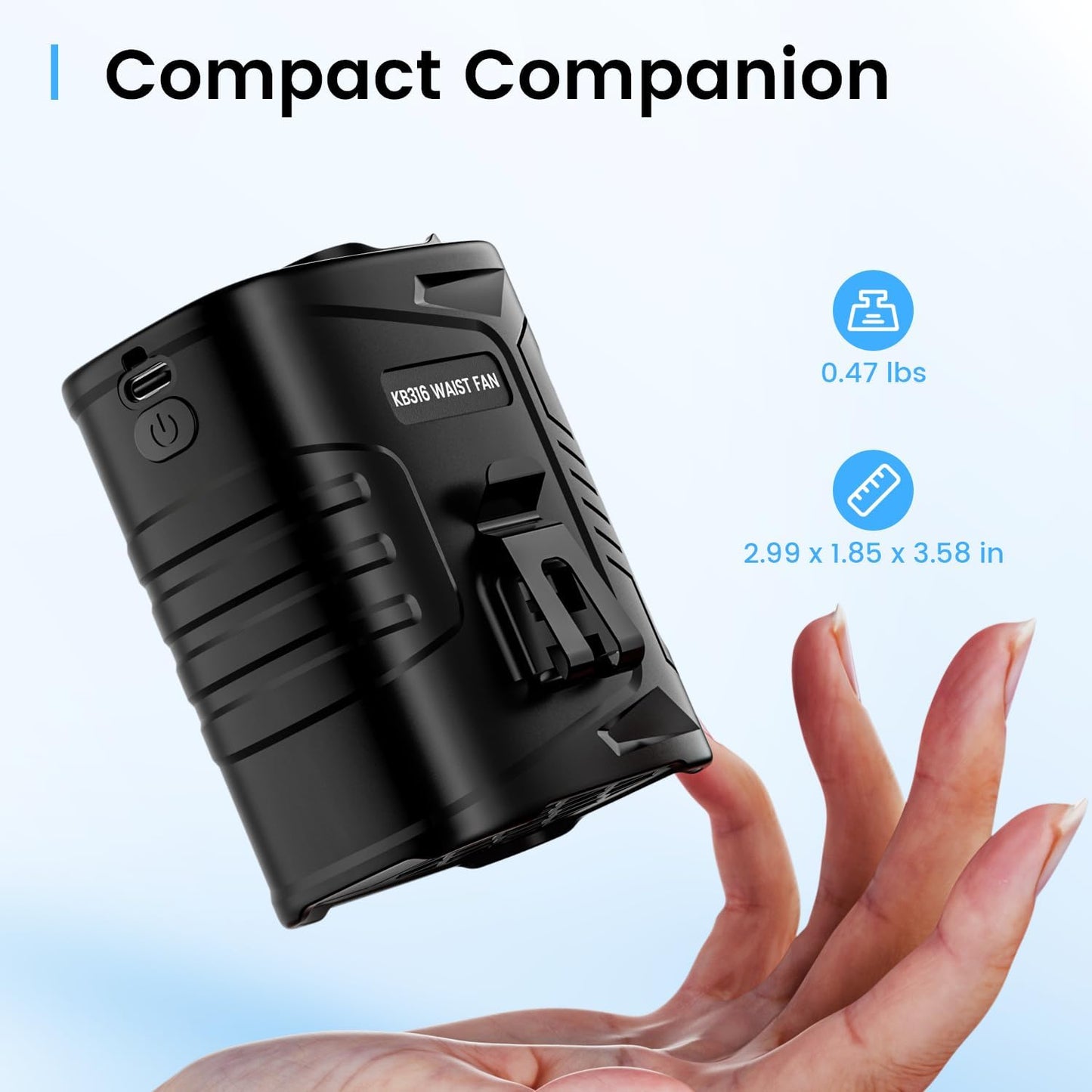 KIBEE Portable Waist Fan, 12500RPM Rechargeable Wearable Belt Clip Fan, Hands Free Cooling Fan for Outdoor Work, Construction, Hiking, Camping, Fishing, Long Battery Life Personal Cooling Device