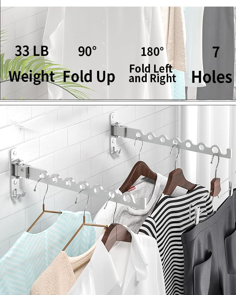 Dr.DJ Wall Mount Coat Hanger Holder Silver Clothes Drying Organizer Rack Garment Hooks Aluminium Retractable Folding Indoor Wall Mounted Hanger Space Saver for Laundry Room Bedroom (2 Racks) Silver