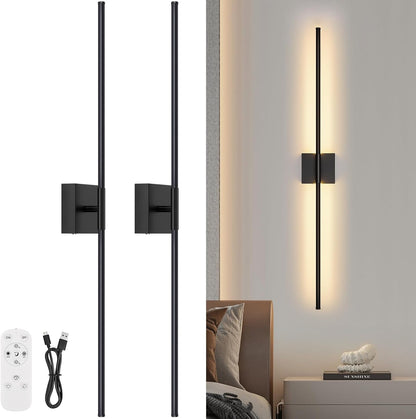 Battery Operated Wall Sconce Set of Two with Remote Control, 3000K-6000K Dimmable Black Wall Lights, Timable LED Wireless Wall Sconces, 350° Ratate for Bathroom, Living Room, Hallway 29.1 Inch