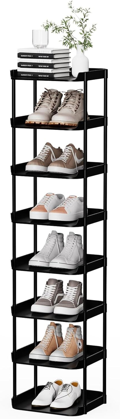 6 Tier Vertical Narrow Shoe Rack, Stackable Tall Skinny Shoerack, Compact Single Shoes Storage Tower for Slim Space, Corner Plastic Shelves, for Hallways, Entryway, Bedrooms Organizer, Black