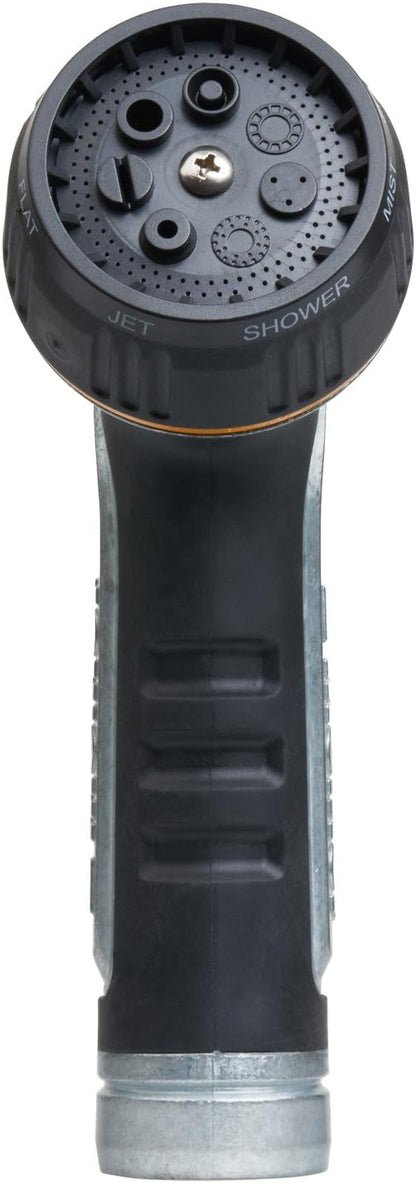Melnor 65020-AMZ Metal Multi-Pattern Hose Nozzle with Rear Trigger Grip, 7 Spray Patterns, Heavy-Duty Metal Construction, Quick Connect Adapter, Black, Orange
