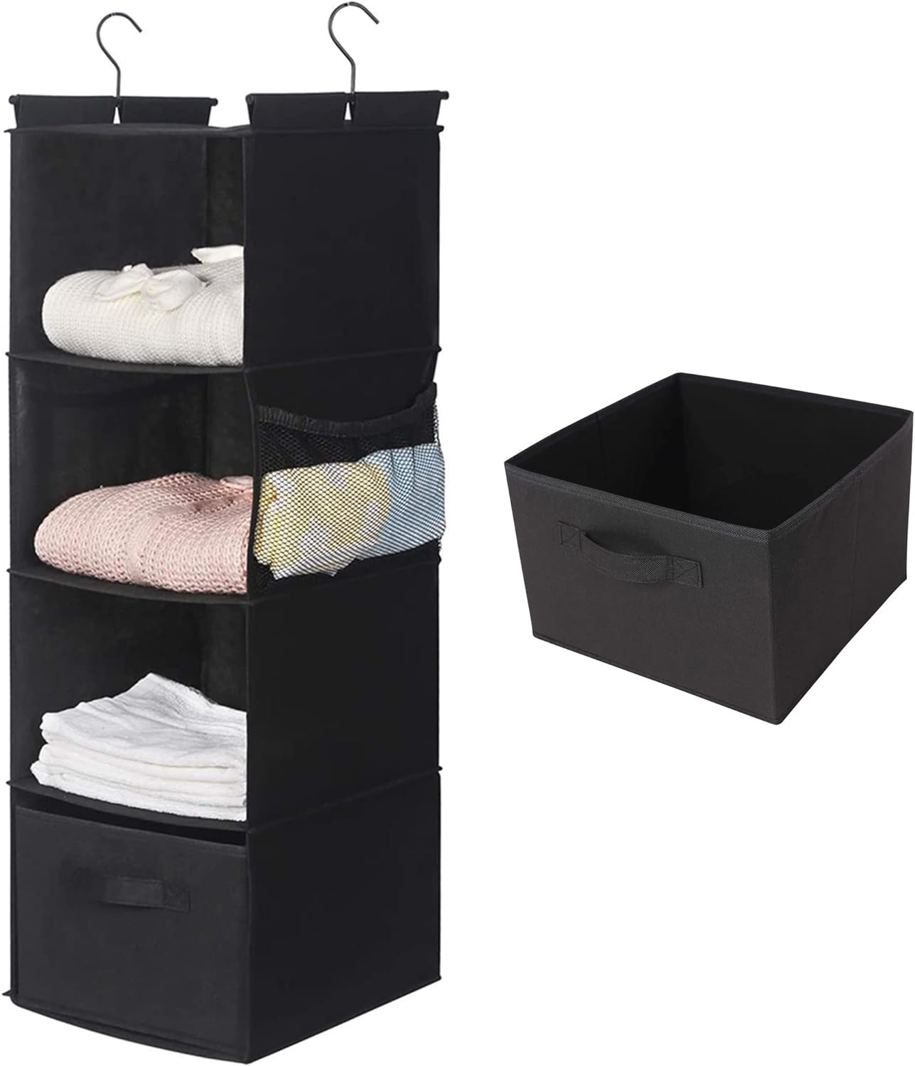 MAX Houser 4-Shelf Hanging Closet Organizer, Space Saver, Cloth Hanging Shelves with 2 Side Pockets, Foldable (Beige)