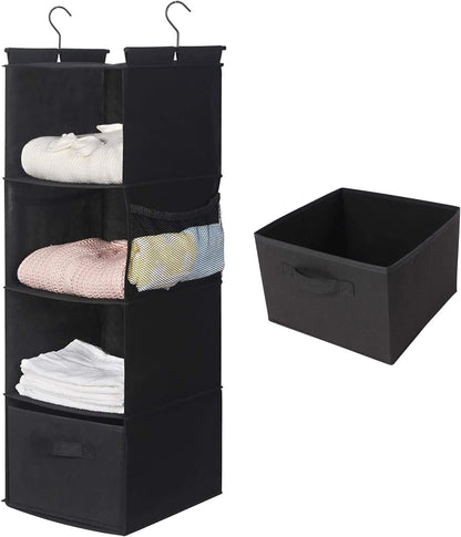 MAX Houser 4-Shelf Hanging Closet Organizer, Space Saver, Cloth Hanging Shelves with 2 Side Pockets, Foldable (Beige)