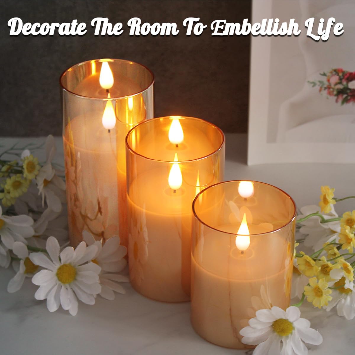 LEDHOLYT Rechargeable Flameless Glass Pillar Candles–Gifts for Women,–Set of 3, Realistic Flickering LED Light,Remote & Timer, Ideal for Living Room, Bedroom & Festival Wedding Home Party Decor