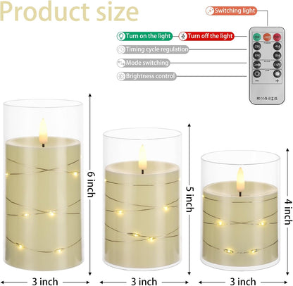 Blue Flameless Candles with Remote, Real Wax Glass Battery Operated Candles with Timer, LED Pillar Candle for Bedroom Home Wedding Birthday Party Fall Halloween Christmas Decorations, Set of 3