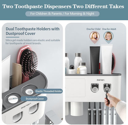 Toothbrush Holders for Bathrooms Wall Mounted, 6 Slot Toothbrush Holder with 2 Automatic Toothpaste Dispensers, 2 Magnetic Cups, Large Capacity Bathroom Organizer, Wall Storage with Drawer