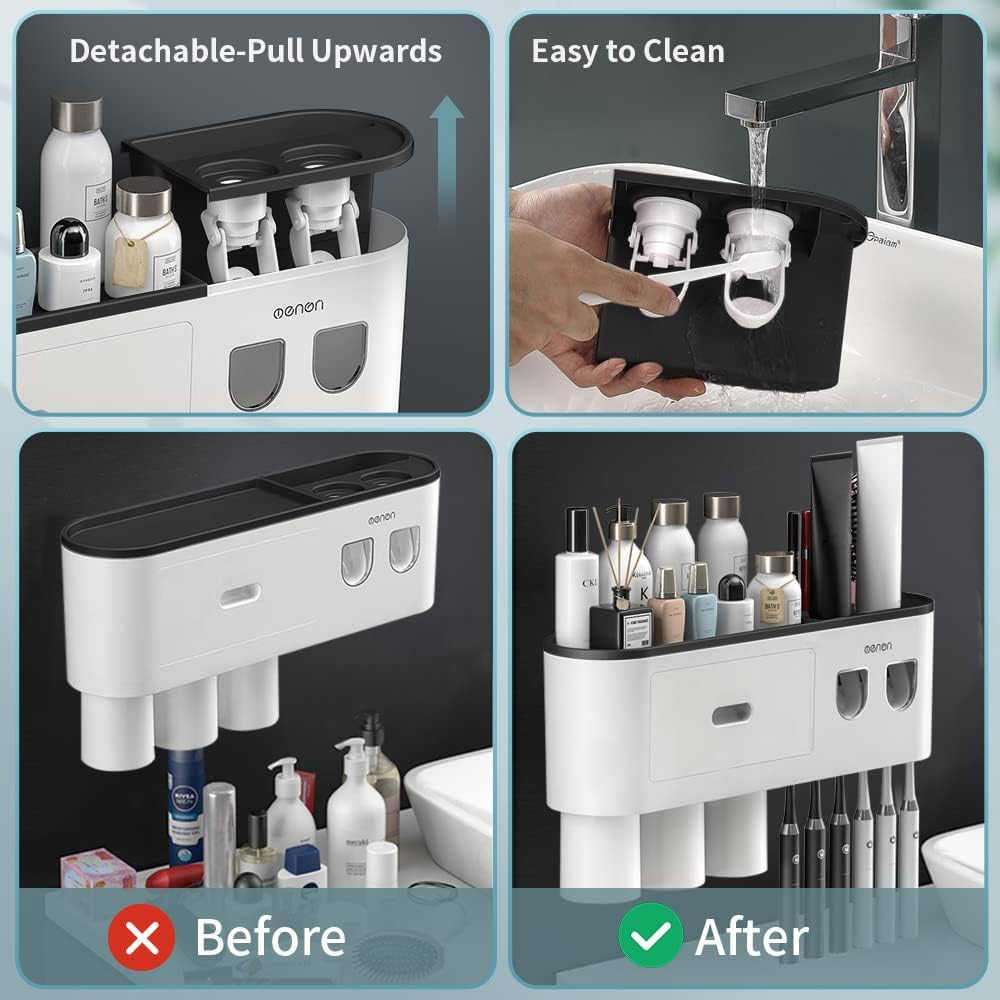 Toothbrush Holders for Bathrooms Wall Mounted, 6 Slot Toothbrush Holder with 2 Automatic Toothpaste Dispensers, 2 Magnetic Cups, Large Capacity Bathroom Organizer, Wall Storage with Drawer