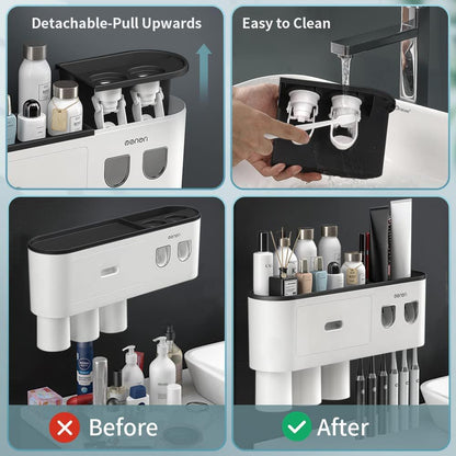 Toothbrush Holders for Bathrooms Wall Mounted, 6 Slot Toothbrush Holder with 2 Automatic Toothpaste Dispensers, 2 Magnetic Cups, Large Capacity Bathroom Organizer, Wall Storage with Drawer