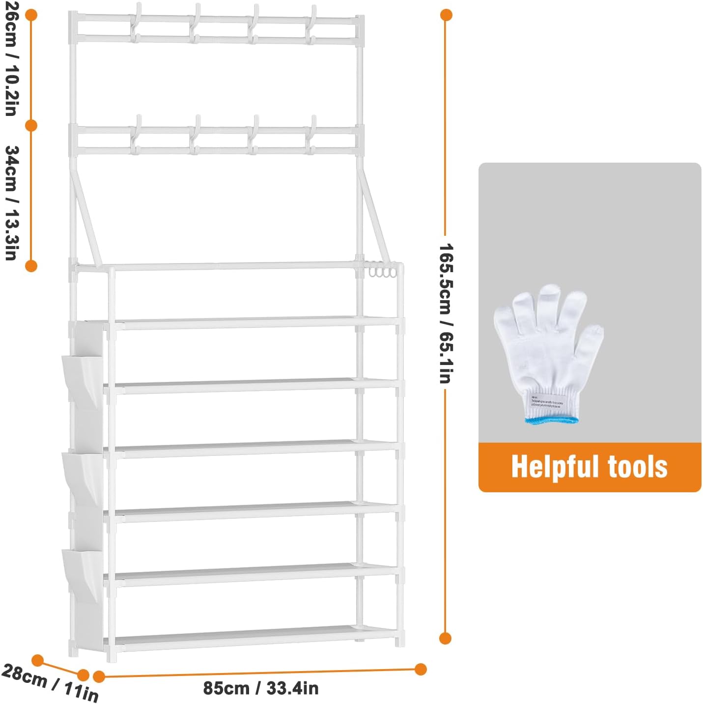 OYREL Shoe Rack, 5 Tier Shoes Storage Organizer, with Functional Hooks and Side Pocket, 20-25 Pairs, for Closet/Entrance/Entryway, Sneaker and Boot Stackable Free Standing Shoe Rack
