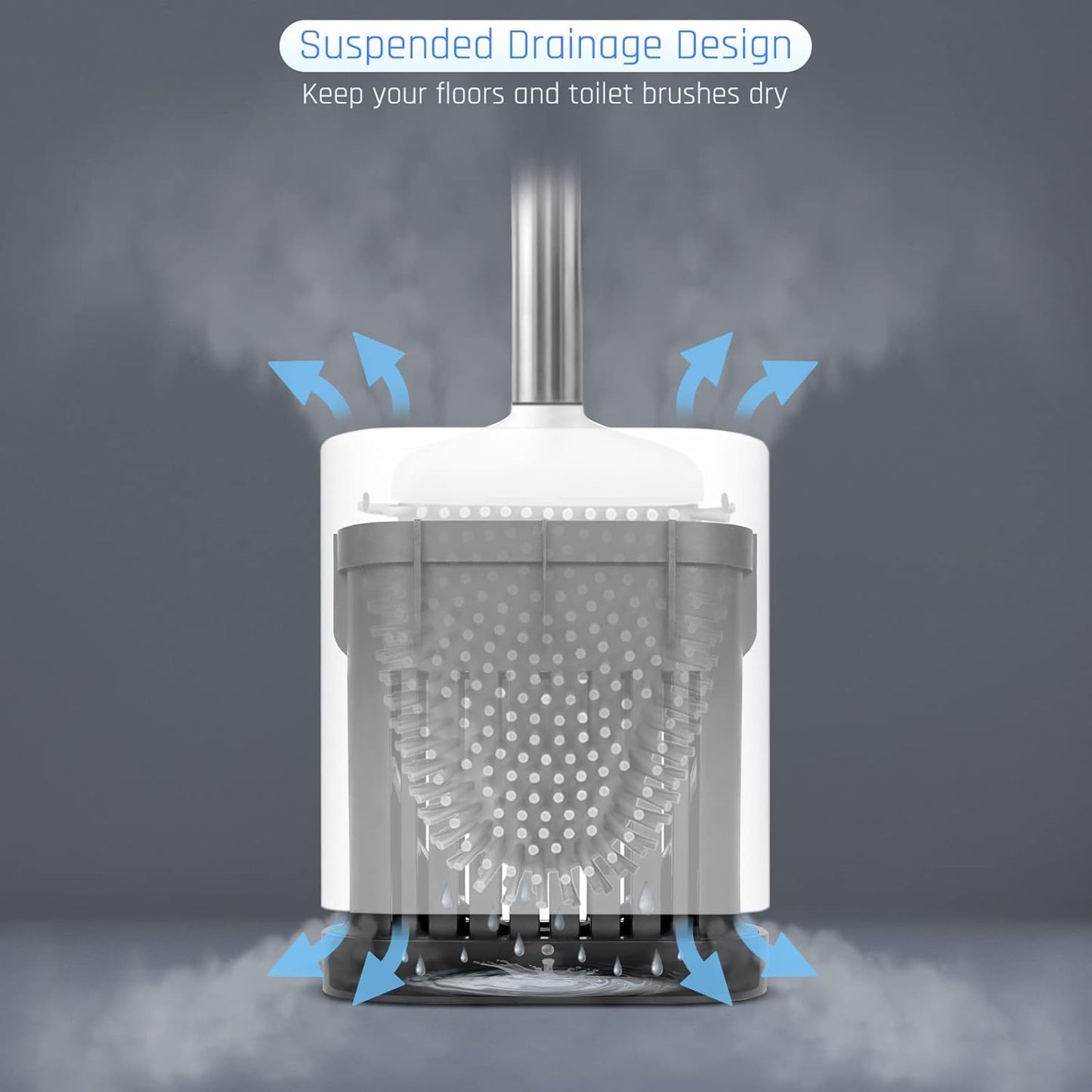 Sellemer Toilet Brush and Holder Set - Flexible Toilet Bowl Brush Head with Silicone Bristles, Compact Size for Storage and Organization, Ventilation Slots Base (1 Pack, Silver)