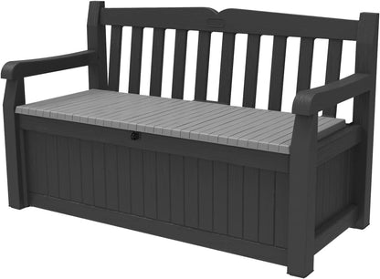 Keter Solana 70 Gallon Storage Bench Deck Box for Patio Furniture, Front Porch Decor and Outdoor Seating – Perfect to Store Garden Tools and Pool Toys, Brown/Brown