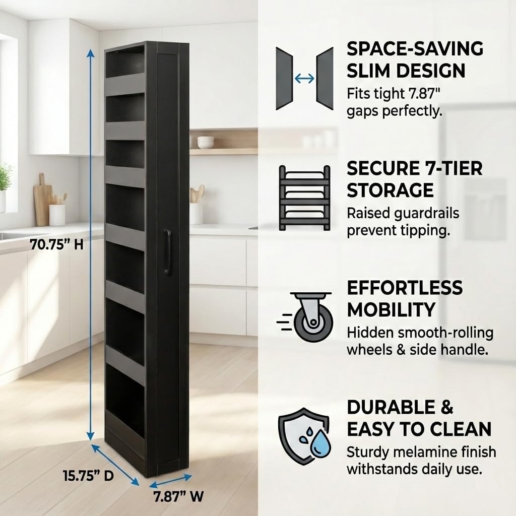 Slim Rolling Storage Cart, 6-Tier Pull-Out Spice Rack with Handle & Wheels, Narrow Kitchen Organizer for Next to Fridge, Pantry, Laundry Room,11.8 Inch Wide Space Saver（Black, With Side Panel)