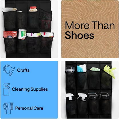 GORILLA GRIP Over the Door Shoe Organizer, 24 Large Breathable Mesh Pockets, Space Saving Hanging Storage Holder, Closet Rack Hanger Holds Up to 40 lbs, Hangs on Closets for Shoes, Accessories, Grey