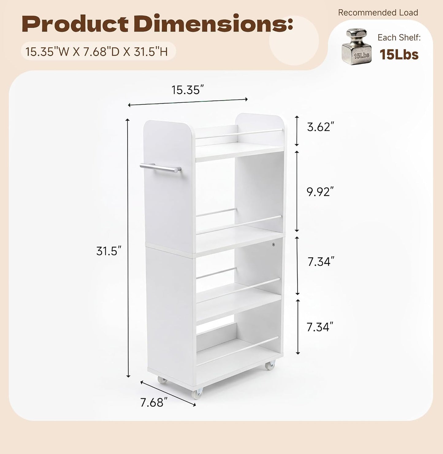Slim Rolling Storage Cart,4 Tier White Rolling Utility Cart Slide Out Rack | Narrow Spice Rack Organizer Trolley for Kitchen Bathroom Larundry Small Corner 7.7inch wide