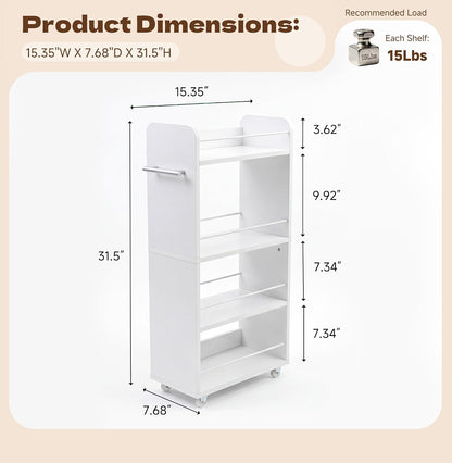 Slim Rolling Storage Cart,4 Tier White Rolling Utility Cart Slide Out Rack | Narrow Spice Rack Organizer Trolley for Kitchen Bathroom Larundry Small Corner 7.7inch wide