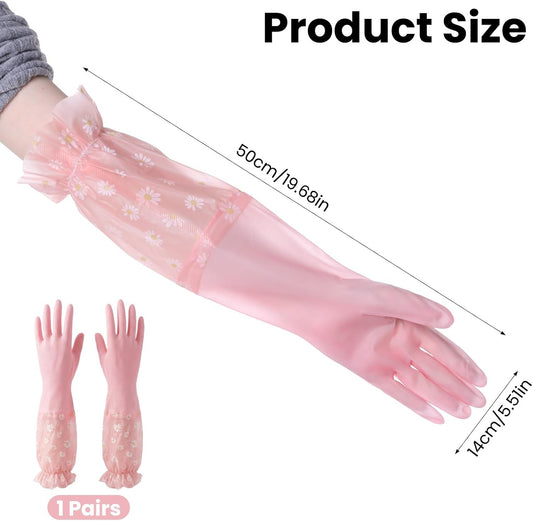 Pink Reusable Dishwashing Gloves, Dishwashing Cleaning Gloves, Waterproof Long Cuff Non-Slip Household Gloves for Laundry, Cleaning, Working, Gardening