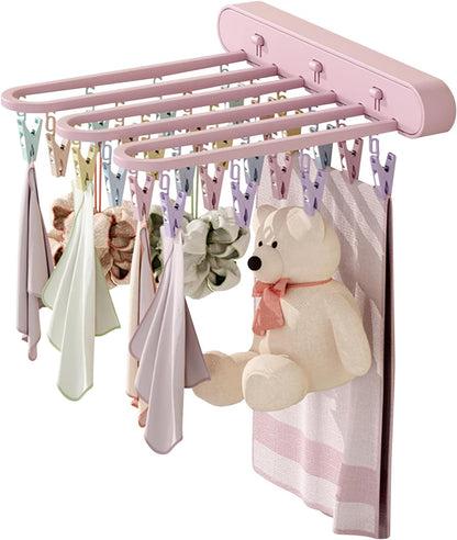 Clothes Drying Rack Wall Mounted, Clothes Drying Rack Folding Indoor with Clip, Balcony Drying Rack Dryer, Space Saver for Socks, Underwear, Rags, Towels