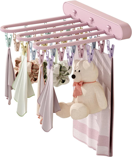 Clothes Drying Rack Wall Mounted, Clothes Drying Rack Folding Indoor with Clip, Balcony Drying Rack Dryer, Space Saver for Socks, Underwear, Rags, Towels