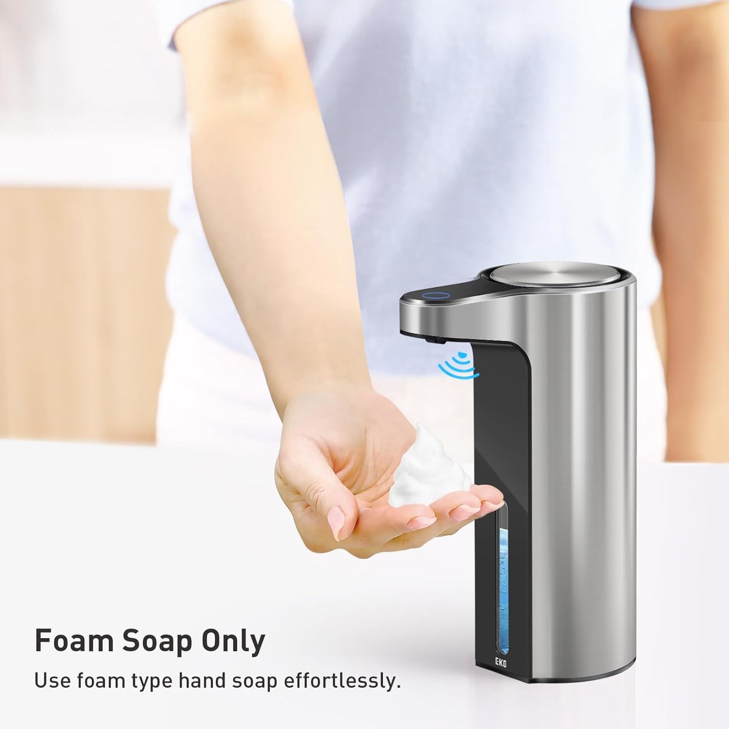 EKO Automatic Foaming Soap Dispenser, Touchless Foam Hand Soap Dispenser for Bathroom and Kitchen, Water-Resistant and Rechargeable, 9 fl oz, Modern Design for Homes and Offices (Stainless)