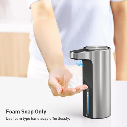 EKO Automatic Foaming Soap Dispenser, Touchless Foam Hand Soap Dispenser for Bathroom and Kitchen, Water-Resistant and Rechargeable, 9 fl oz, Modern Design for Homes and Offices (Stainless)