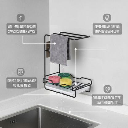 Black Carbon Steel Wall-Mounted Sink Rack for Kitchen & Bathroom, Space-Saving Cloth & Cleaning Tool Drying Organizer