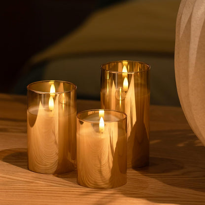 Blue Flameless Candles with Remote, Real Wax Glass Battery Operated Candles with Timer, LED Pillar Candle for Bedroom Home Wedding Birthday Party Fall Halloween Christmas Decorations, Set of 3